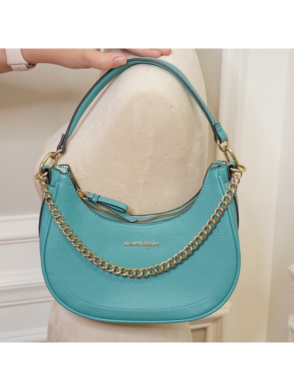 NEW Nanette Lepore Turquoise Leather Shoulder Bag with Gold Chain